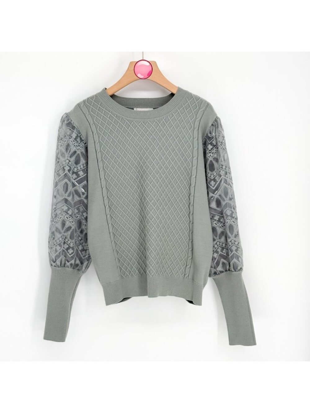 CALLIGRAPHIE Anthropologie Green Cable Knit Sheer Lace Sleeves Sweater Women's M
